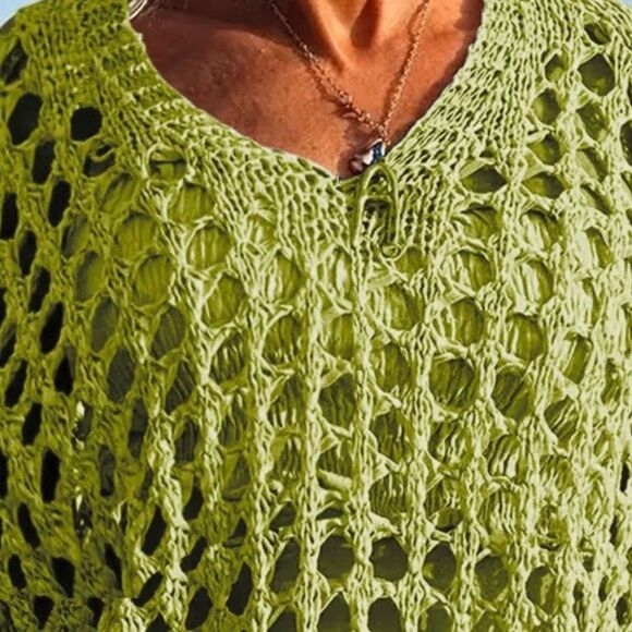 Green Open-Knit Women's Sweater Crochet Long Sleeve Knit Cover Up Sz S M L XL - Picture 4 of 5